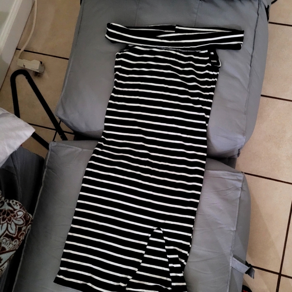 Reformation Mini Striped Off-Shoulder Dress Black with side slit